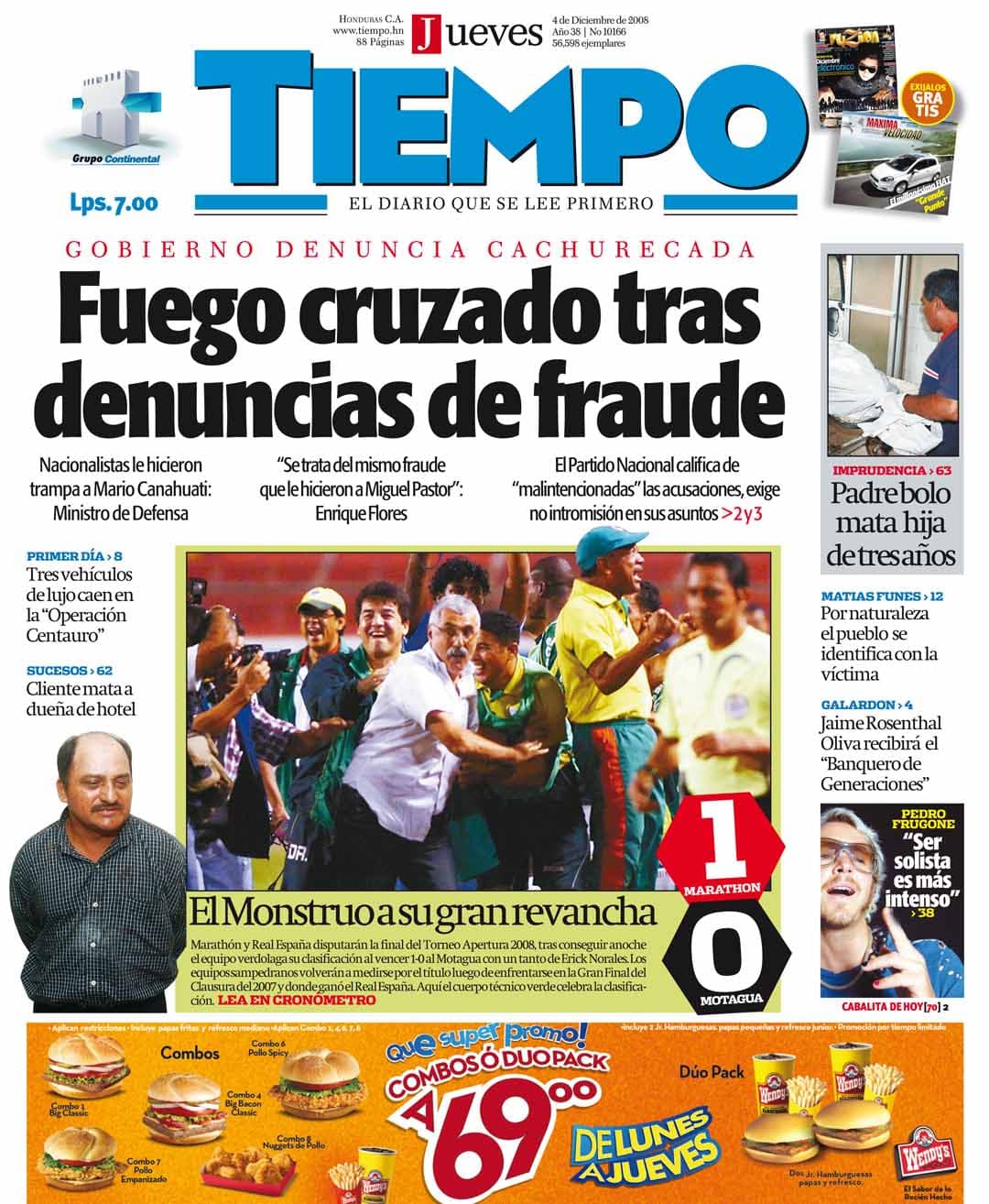 Portada histórica de Diario Tiempo, 04 de diciembre de 2008