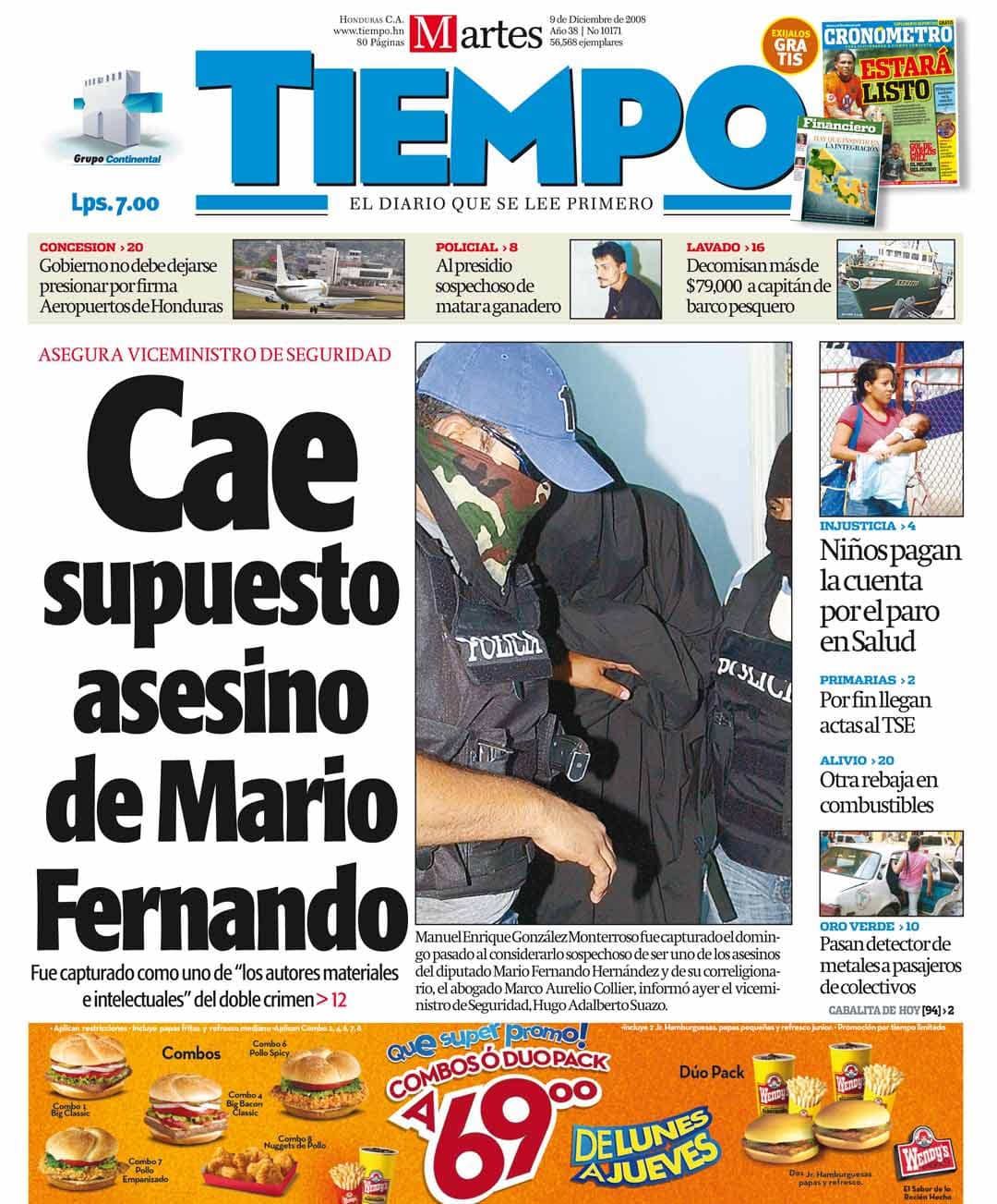 Portada histórica de Diario Tiempo, 09 de diciembre de 2008