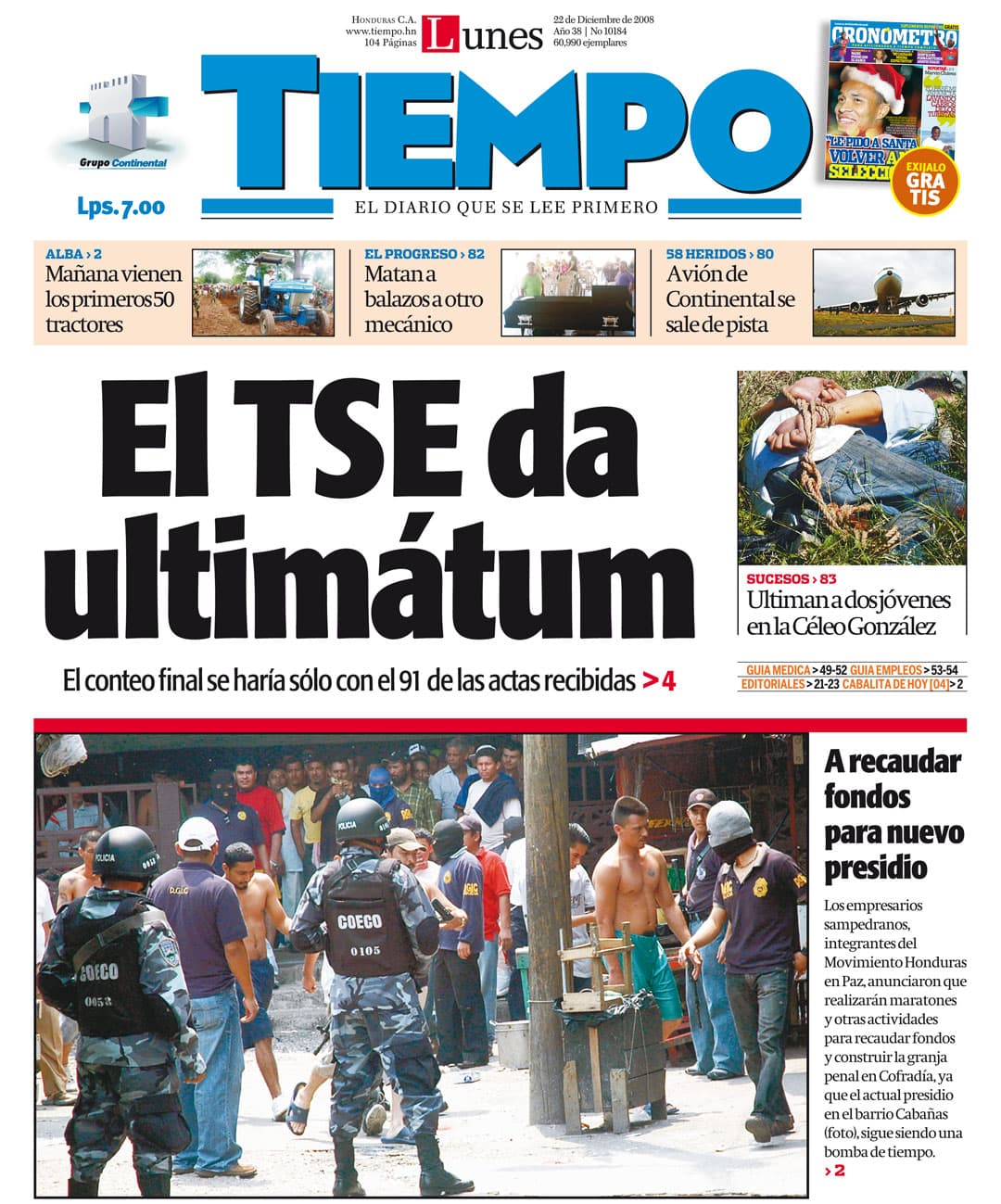 Portada histórica de Diario Tiempo, 22 de diciembre de 2008